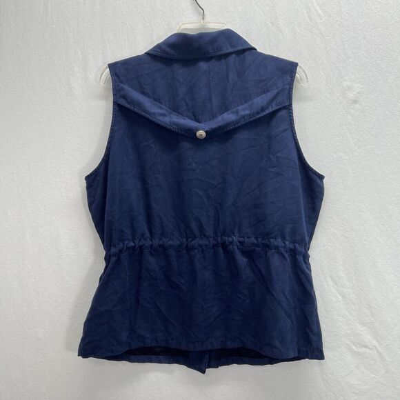 Drapers & Damons Vest Large Navy Blue Utility Pockets Cinch Waist Gold Buttons - Picture 6 of 11